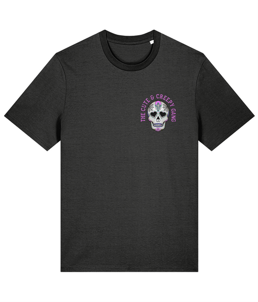 Cute & Creepy Gang | Dead Cute Sugar Skull Pink Cross & Rose | Back & front Print Grey T-shirt