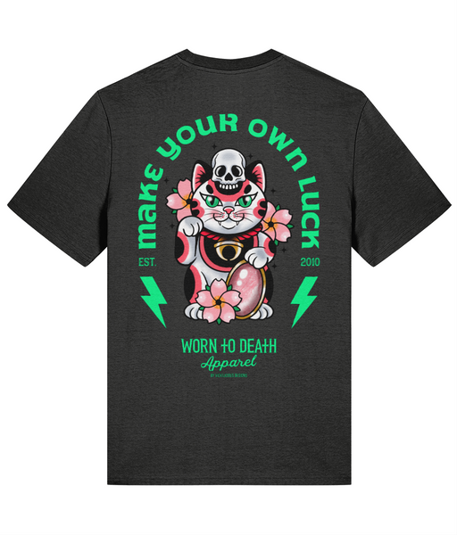 Cute & Creepy Gang | Make Your Own Luck Maneki Neko | Front & Back Print Grey T-shirt