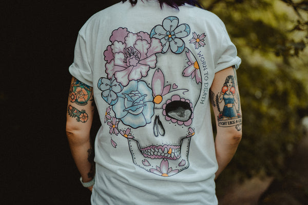 Worn to Death Peony Day of the Dead Sugar Skull Tattoo Front & Back Print T-shirt