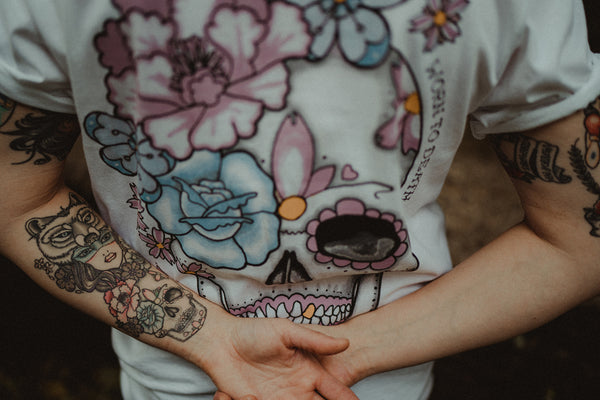 Worn to Death Peony Day of the Dead Sugar Skull Tattoo Front & Back Print T-shirt