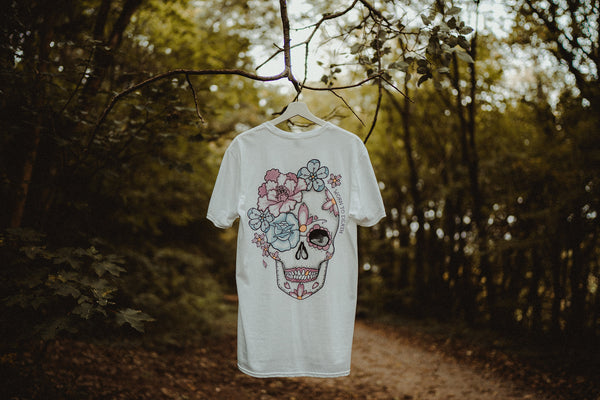 Worn to Death Peony Day of the Dead Sugar Skull Tattoo Front & Back Print T-shirt