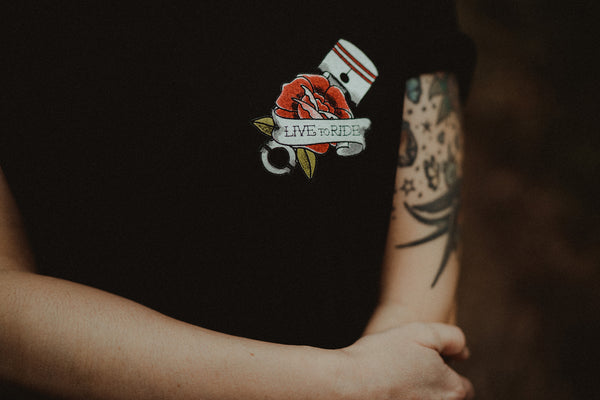 LIVE TO RIDE Biker Skull Tattoo Style Front and Back Print T-shirt