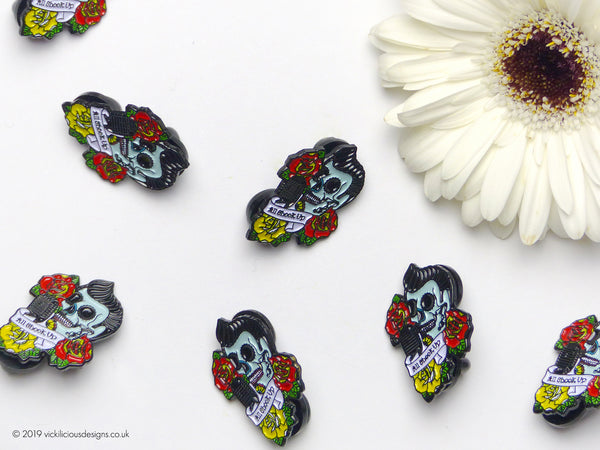 ALL SHOOK UP Elvis rockabilly sugar skull tattoo Soft Enamel Pin collection