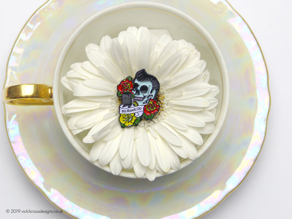 ALL SHOOK UP Elvis rockabilly sugar skull tattoo Soft Enamel Pin