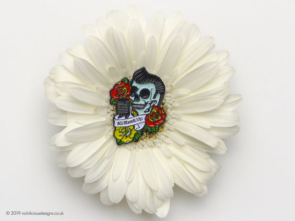 ALL SHOOK UP Elvis rockabilly sugar skull tattoo Soft Enamel Pin