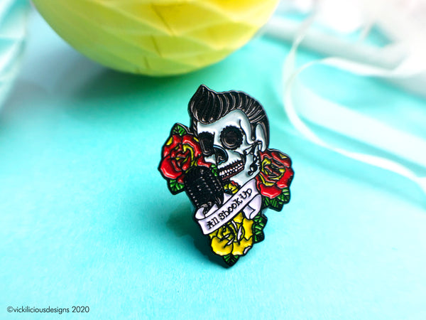 ALL SHOOK UP Elvis rockabilly sugar skull tattoo Soft Enamel Pin