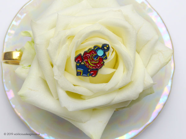 Vintage style Anchor & Rose Tattoo Soft Enamel Pin in a Tea Cup