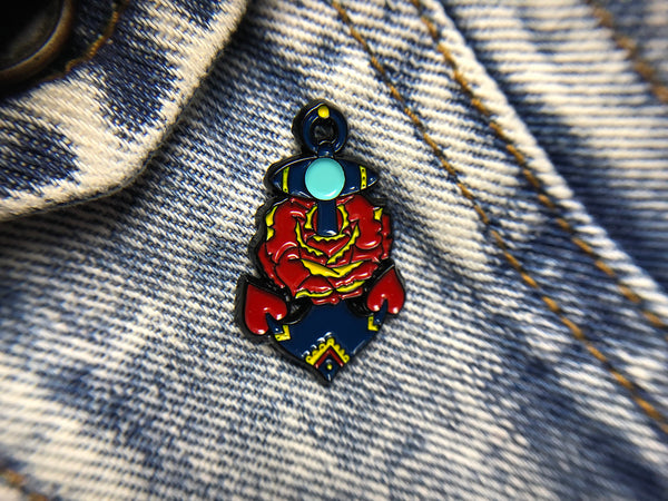 Vintage style Anchor & Rose Tattoo Soft Enamel Pin on denim jacket