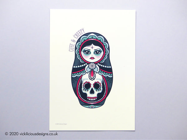 Vickilicious Designs | Cute as Hell - Goth Girl Cute & Creepy Doll Tattoo Print