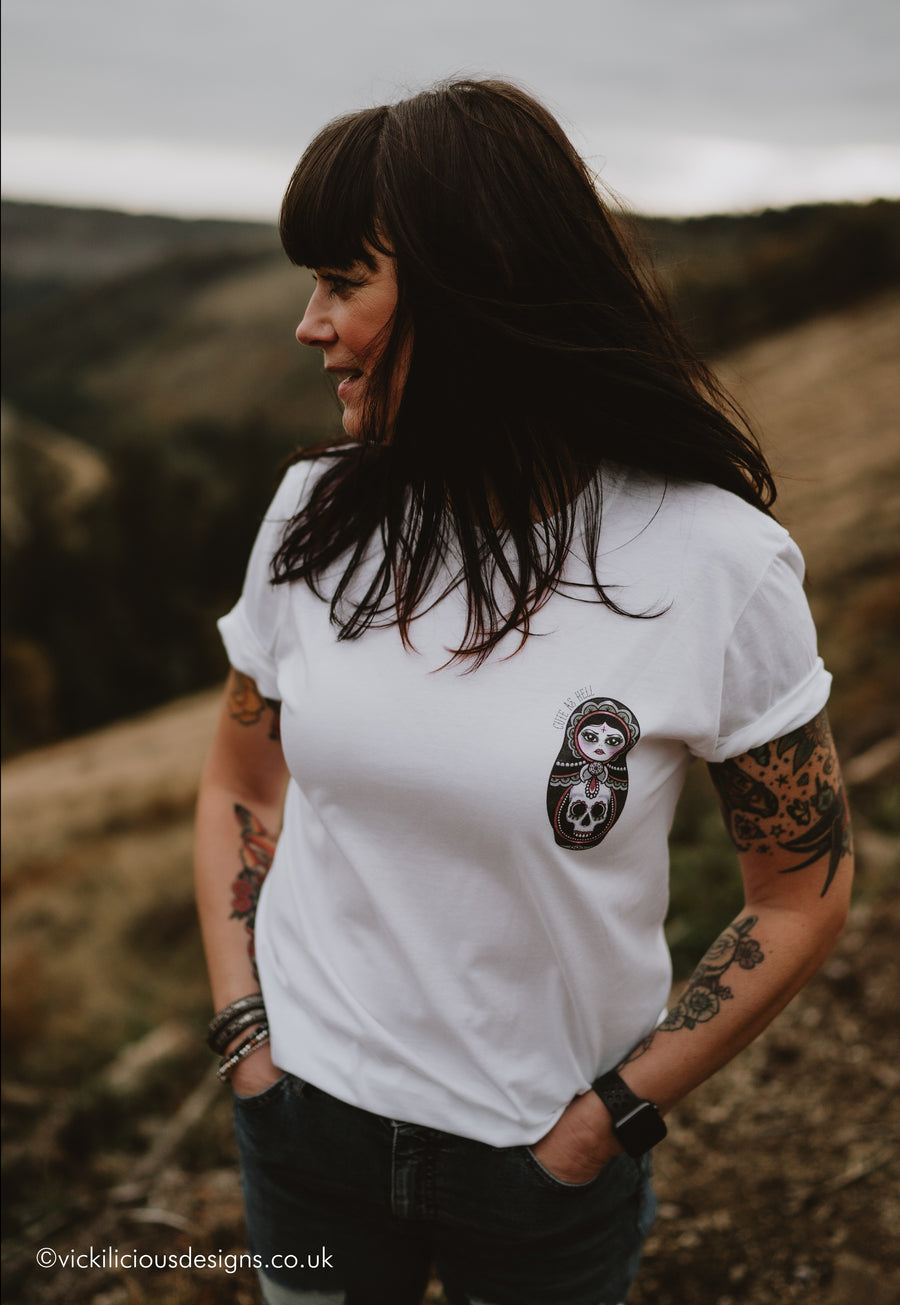 Vickilicious Designs | Cute as Hell - Goth Girl Cute & Creepy Doll Tattoo T-shirt