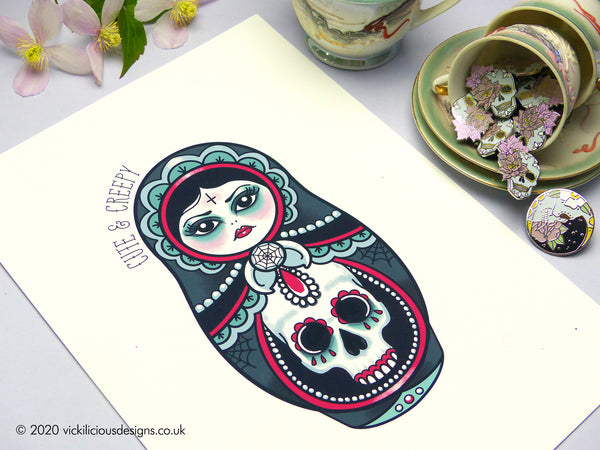 Vickilicious Designs | Cute as Hell - Goth Girl Cute & Creepy Doll Tattoo Print