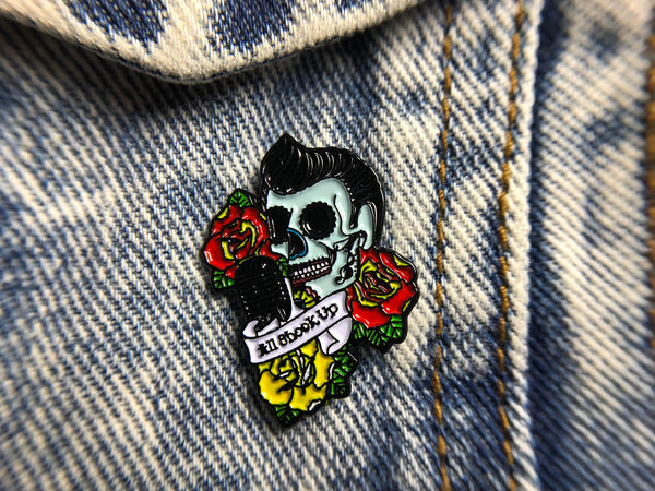 ALL SHOOK UP Elvis rockabilly sugar skull tattoo Soft Enamel Pin on denim jacket