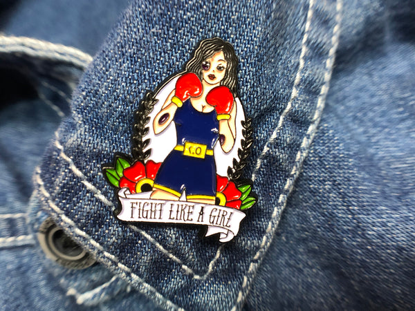 FIGHT LIKE A GIRL Female Boxer Tattoo Soft Enamel Pin pinned on collar