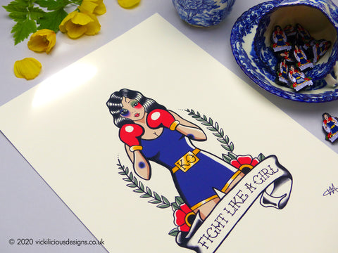 FIGHT LIKE A GIRL Boxer Girl Tattoo Flash Illustration print
