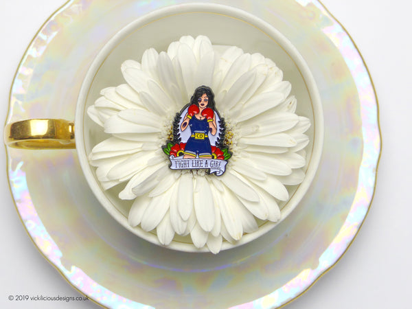 FIGHT LIKE A GIRL Female Boxer Tattoo Soft Enamel Pin in a teacup