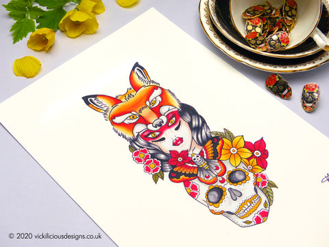 Fox Goddess Flaming Autumn Moon Moth & Sugar Skull Tattoo Print