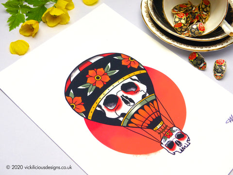 Hot Air Balloon & Sugar Skull Tattoo Print