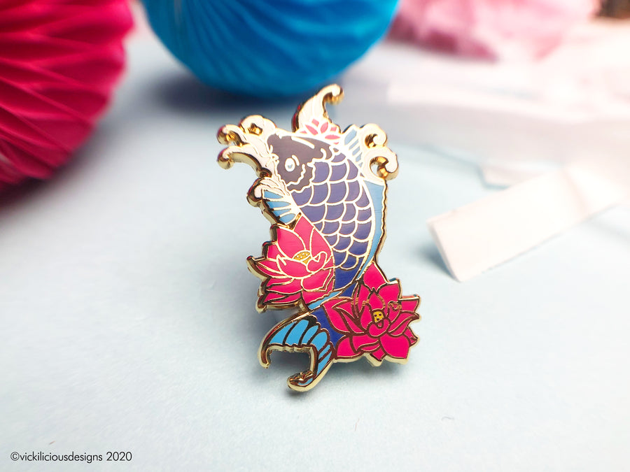 Japanese Koi Carp & Lotus Flower Hard Enamel Pin