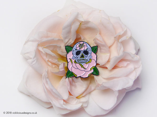 LIFE IS ROSY Sugar Skull Tattoo Soft Enamel Pin in a rose