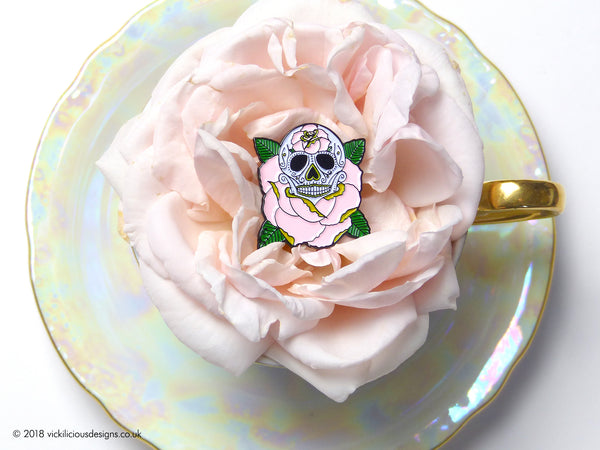 LIFE IS ROSY Sugar Skull Tattoo Soft Enamel Pin in a tea cup