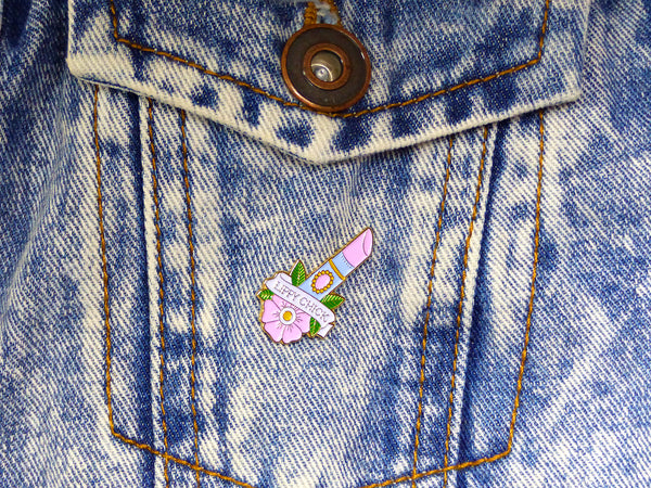 LIPPY CHICK Lipstick Tattoo Soft Enamel Pin on a denim jacket 