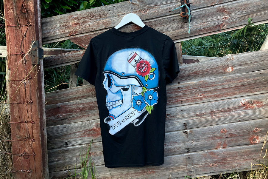 LIVE TO RIDE Biker Skull Tattoo Style Back Print T-shirt