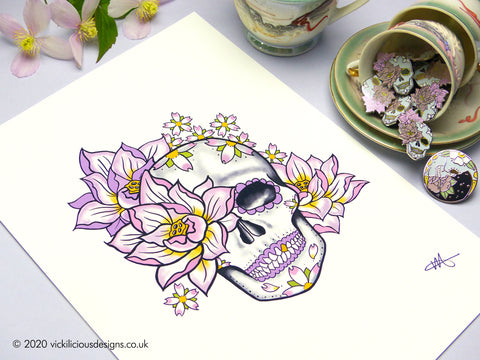 Lotus Flower and Sakura Sugar Skull Tattoo Print