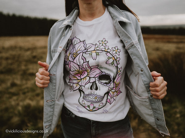 Worn to Death Lotus Flower and Sakura Sugar Skull T-shirt