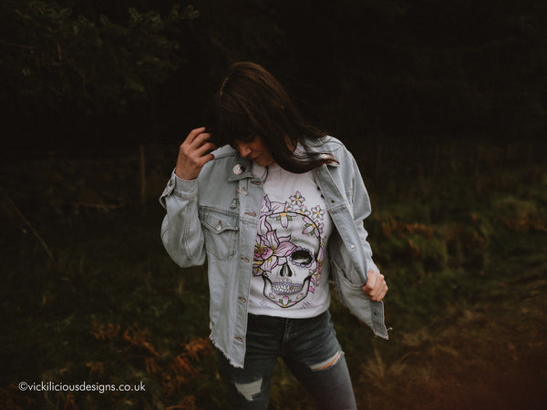 Worn to Death Lotus Flower and Sakura Sugar Skull T-shirt