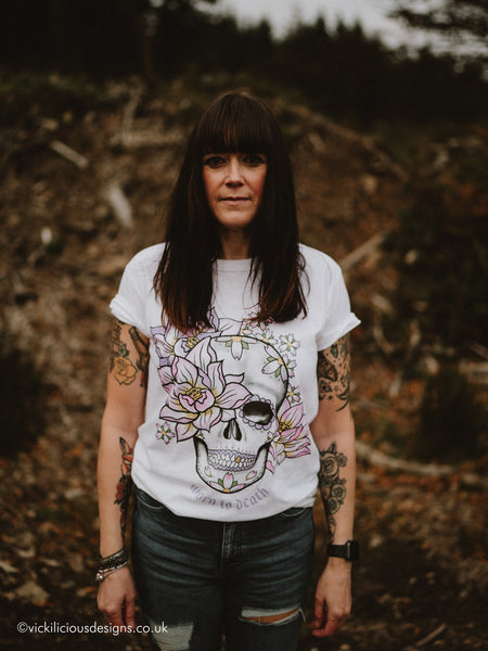 Worn to Death Lotus Flower and Sakura Sugar Skull T-shirt