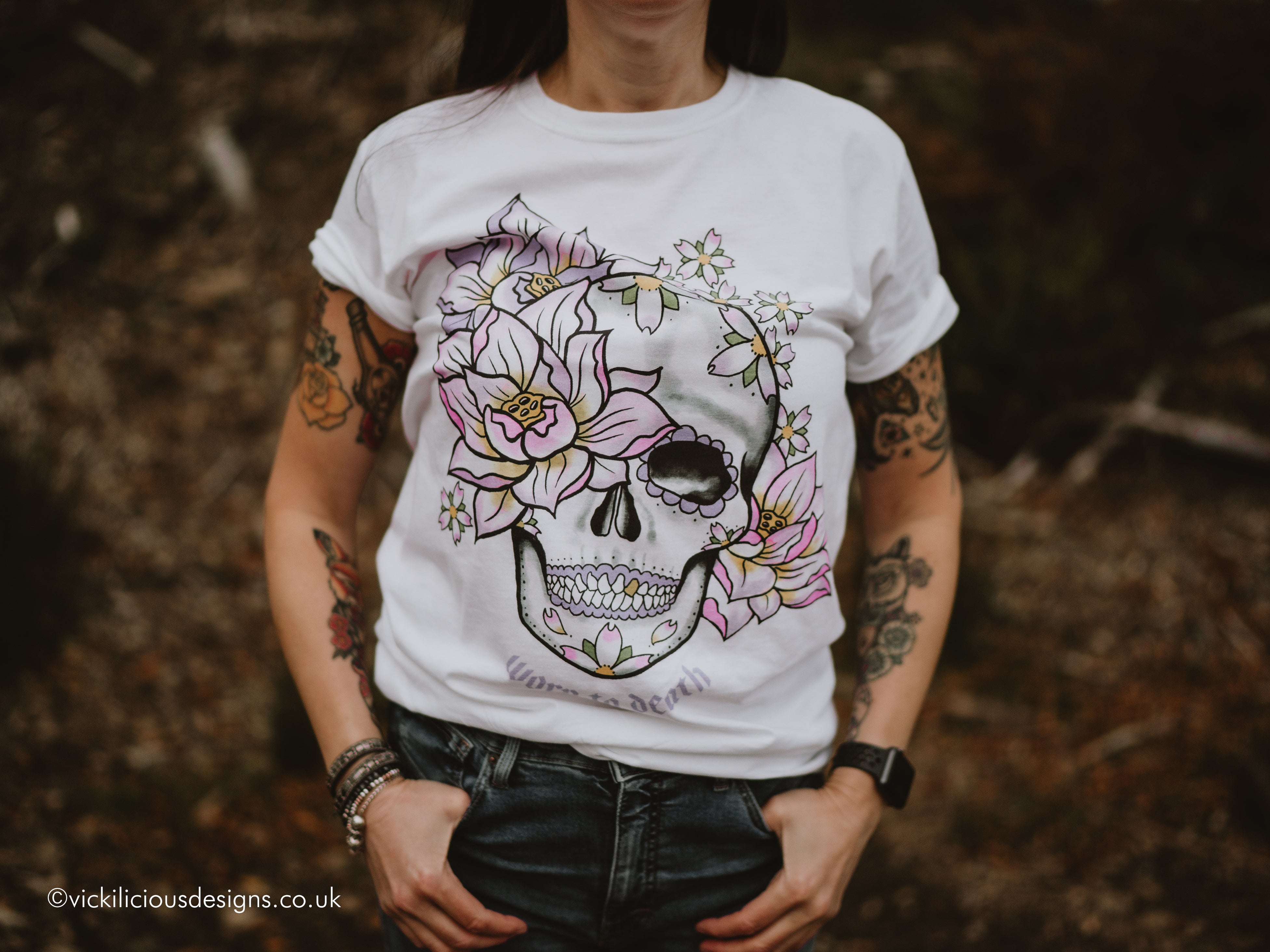 Worn to Death  Peony Sugar Skull Tattoo Tshirt  Vickilicious Designs