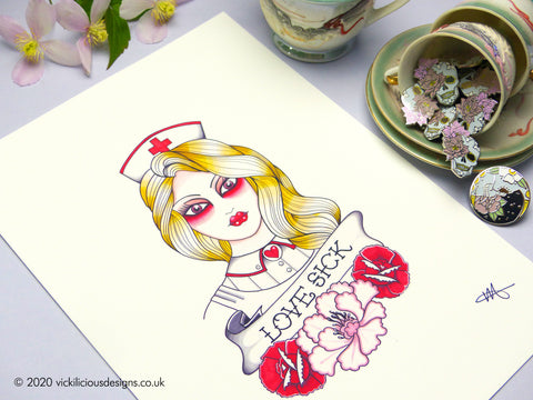 LOVE SICK Pinup Girl Nurse Tattoo Flash Illustration print