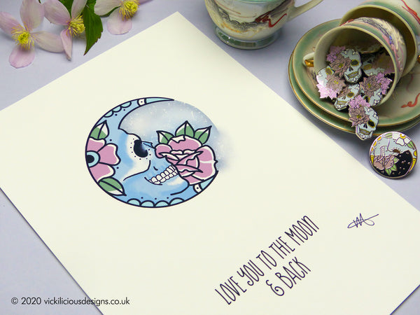 LOVE YOU TO THE MOON AND BACK Pastel Sugar Skull Moon Tattoo Print