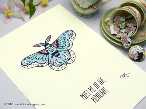 MEET ME IN THE MOONLIGHT Pastel Moon Moth Tattoo Print