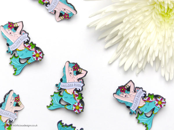 SAILORS RUIN Mermaid Pinup Girl Tattoo Soft Enamel Pin