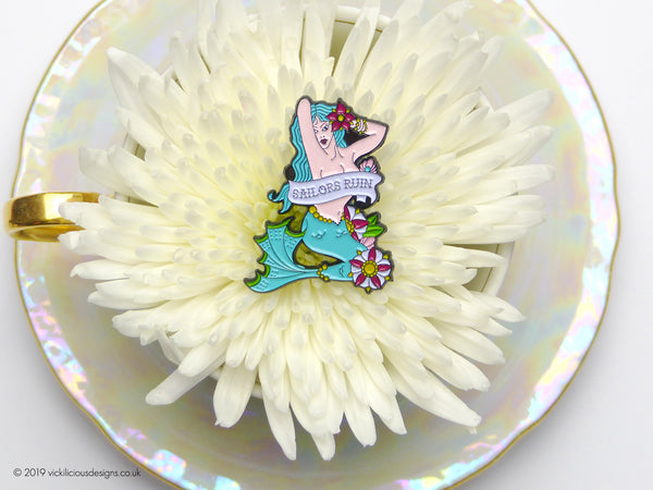 SAILORS RUIN Mermaid Pinup Girl Tattoo Soft Enamel Pin in tea cup