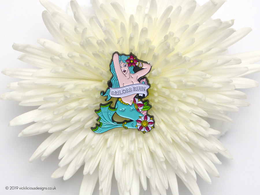 SAILORS RUIN Mermaid Pinup Girl Tattoo Soft Enamel Pin