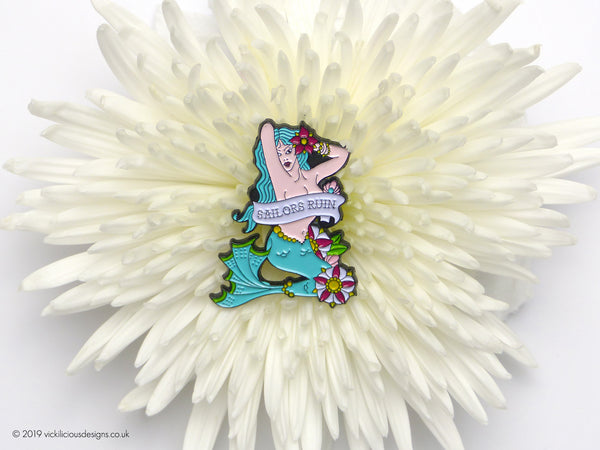SAILORS RUIN Mermaid Pinup Girl Tattoo Soft Enamel Pin