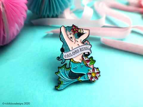 SAILORS RUIN Mermaid Pinup Girl Tattoo Soft Enamel Pin close up