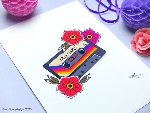 MIX TAPE Rainbow 80s Cassette Tape Tattoo Print