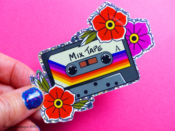 MIX TAPE Rainbow 80s Cassette Tape Tattoo Glitter Sticker