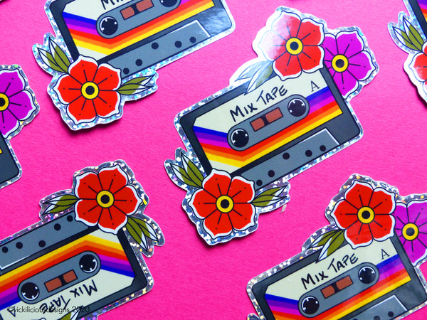 MIX TAPE Rainbow 80s Cassette Tape Tattoo Glitter Sticker