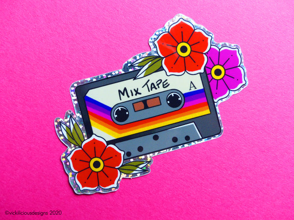 MIX TAPE Rainbow 80s Cassette Tape Tattoo Glitter Sticker