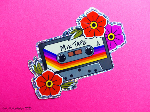 MIX TAPE Rainbow 80s Cassette Tape Tattoo Glitter Sticker