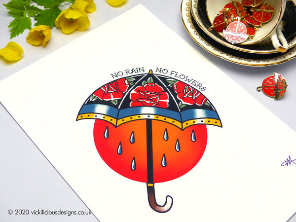 NO RAIN, NO FLOWERS Roses & Showers Umbrella Tattoo Print