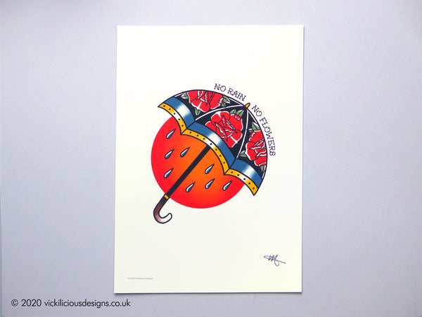 NO RAIN, NO FLOWERS Roses & Showers Umbrella Tattoo Print