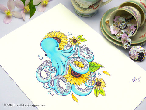 Underwater Gardener - Octopus and Sunflower tattoo flash print