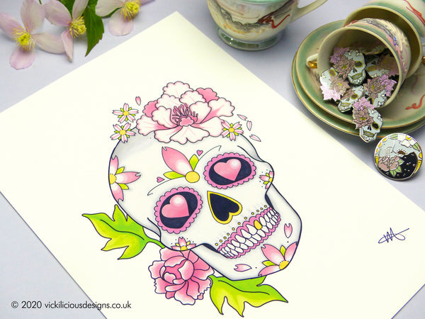 Peony, love heart & cherry blossom sugar skull tattoo flash illustration print