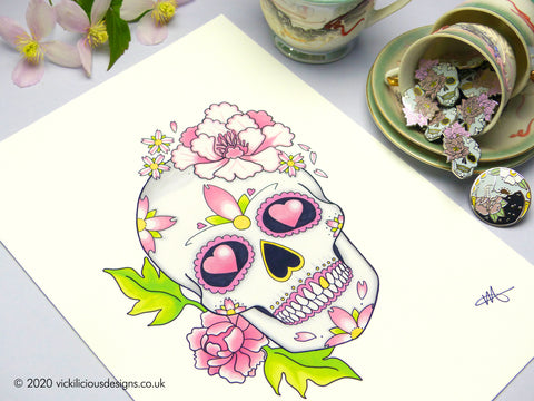 Peony, love heart & cherry blossom sugar skull tattoo flash illustration print