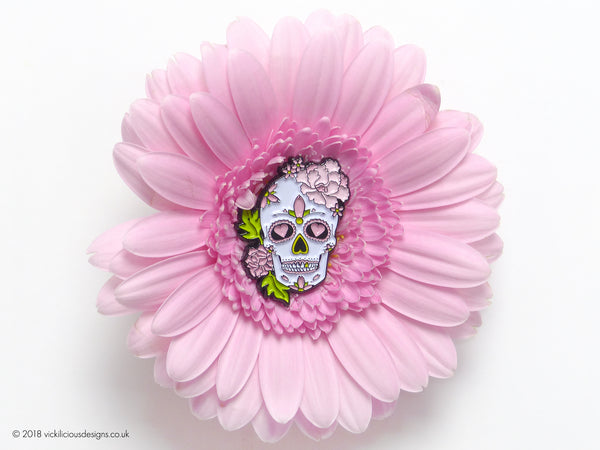 Peony & Love Heart Sugar Skull Tattoo Soft Enamel Pin in a Gerbera